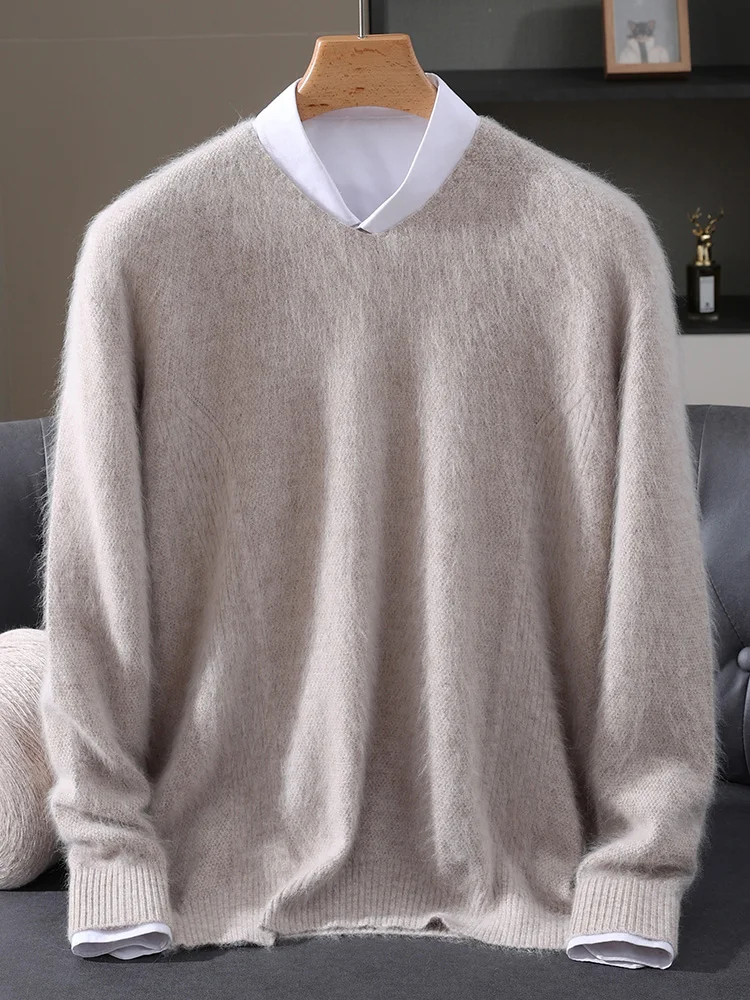 TLOML New Men's 100% Mink Cashmere Sweater V-Neck Solid Pullover Smart Casual Soft Warm Autumn Winter Mink Cashmere Comfy Tops