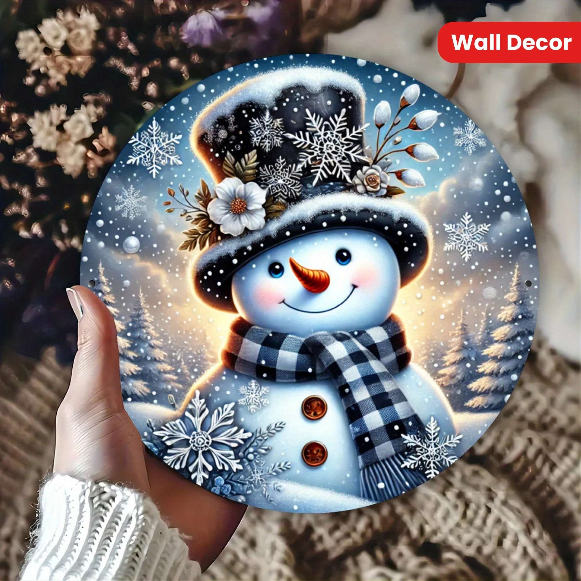 1pc Hello Winter Snowman Metal Wall Decor - Vintage Round Christmas Decoration with Snowflakes, Pine Trees & Starry Night Sky -