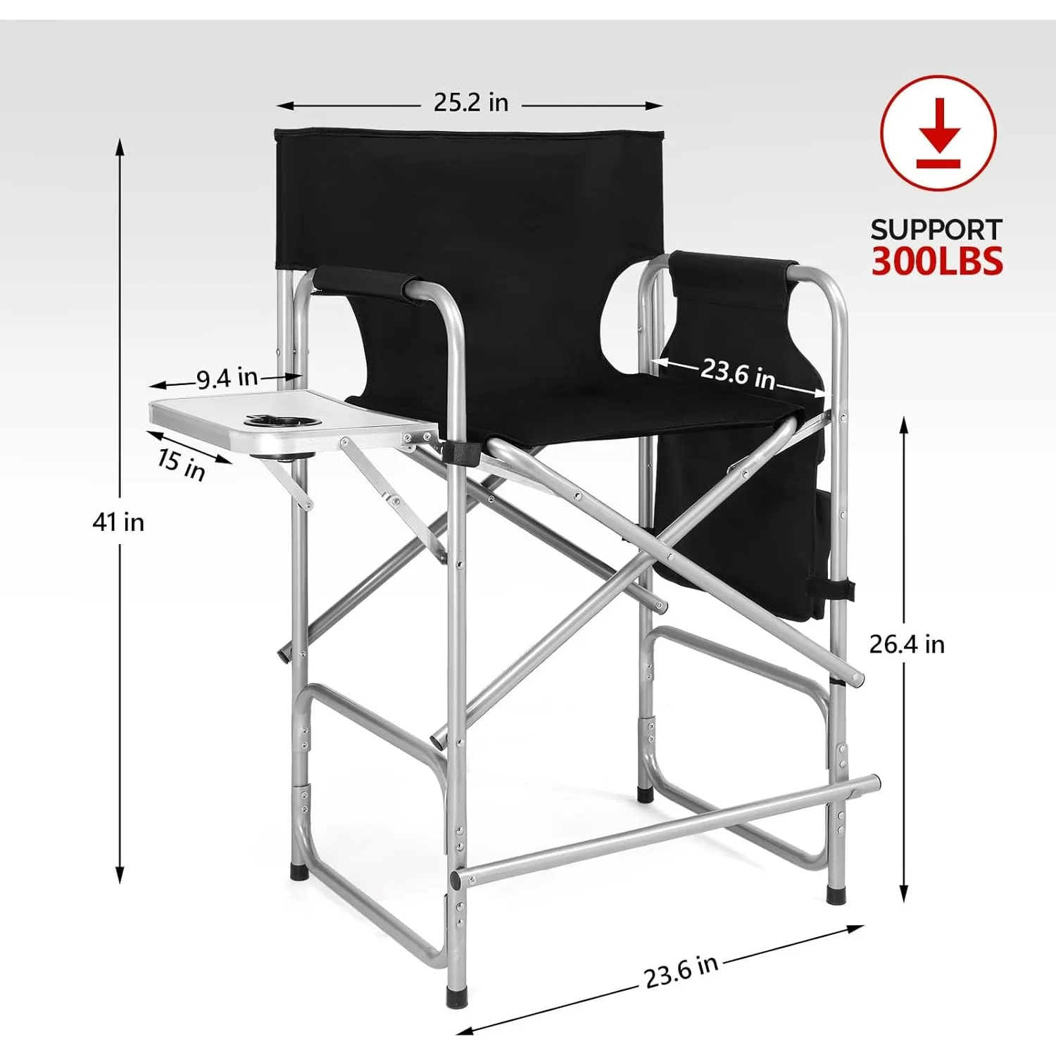 كرسي مدير قابل للطي مع طاولة جانبية، إطار فولاذي محمول لفناني المكياج بسعة 300 رطل، 19.2 بوصة عمق × 23.6 بوصة عرض × 40.5 بوصة ارتفاع