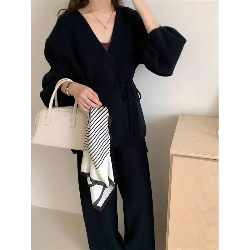 Women Knitted Long Sleeves Casual Pants 2PCS Ladies Sweater Trousers Outfit Spring Femme V-neck Pantalons Knitting Two Piece Set
