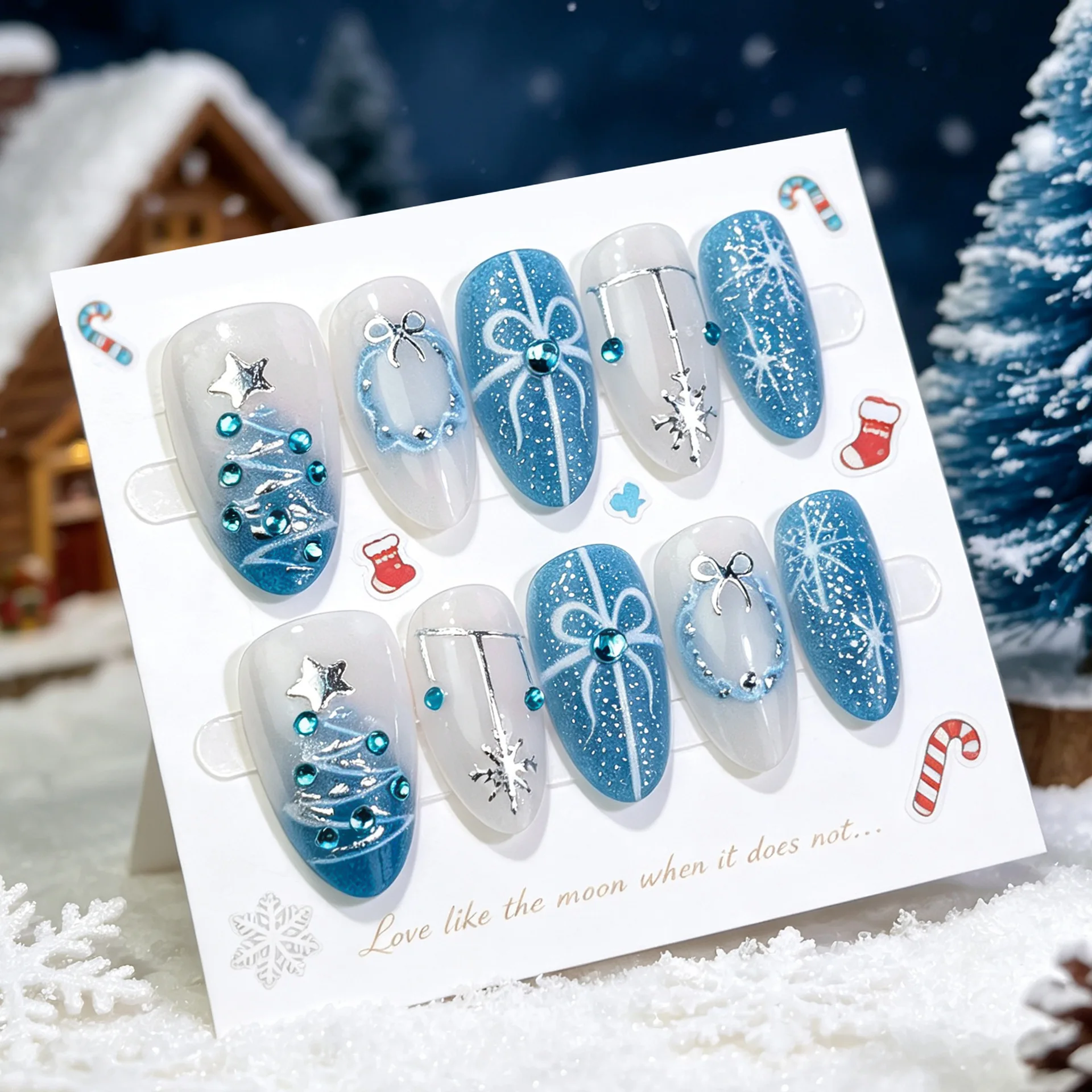 24Pcs Christmas Blue Mid-lengt - Nail Art Press On ulasan dan harga