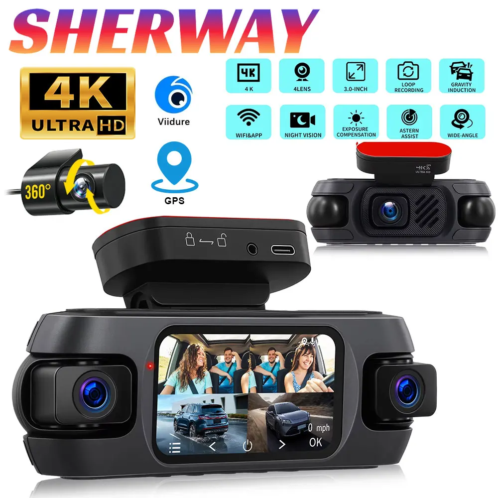Dash Cam 4 Channel 360° 4k Gps Wifi Car Dvr 4CH Front Left Right Rear Black Box 24h Parking Night Vision Loop Recording Dashcam