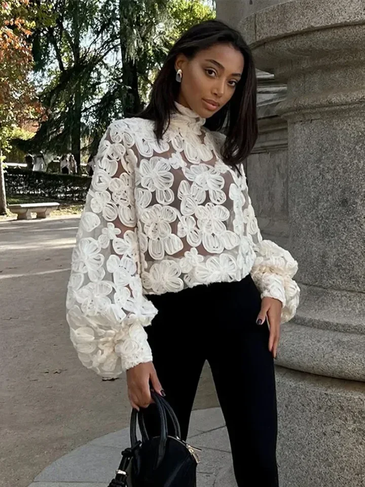 

Sexy See Through Mesh Shirts Women Elegant 3D Flower Lantern Long Sleeve Patchwork Female Shirt 2025 Spring Fashion Lady Tops