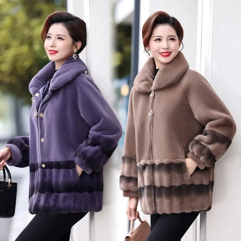 Fall/Winter Mink Velvet Coat Female Mother2023New Fashion Outwear Middle-Aged Elderly Women Overcoat Long Add Cotton Wool Jacket