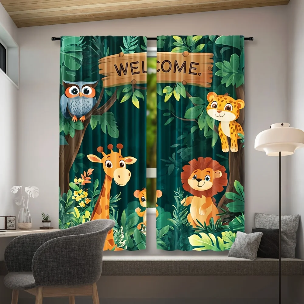 Welcome Jungle Wildlife Blackout Rod Pocket Curtain Cartoon Giraffe Lion Owl Leaf Decor Baby Homestay Bedroom Rest Bay Window