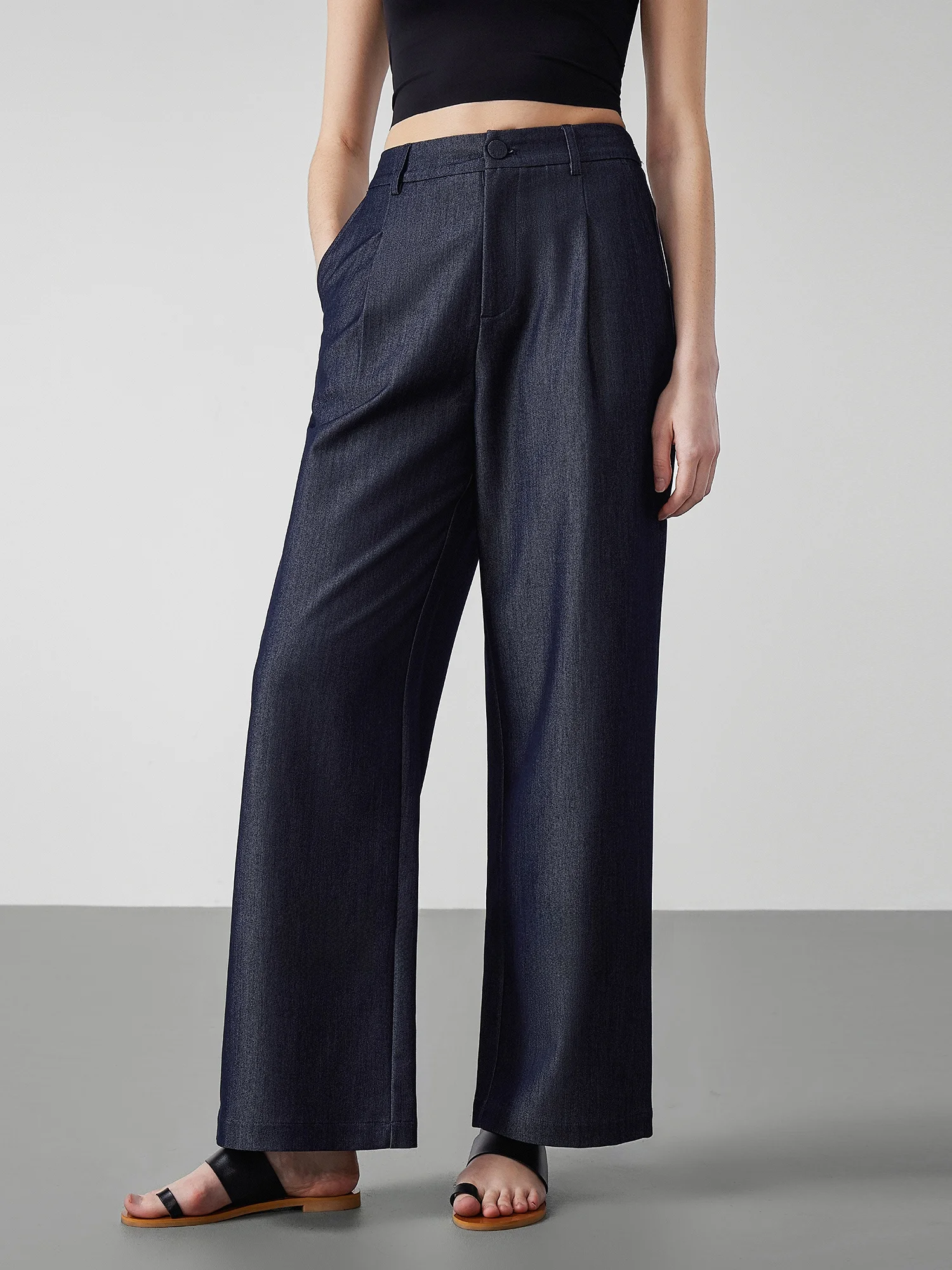 

Tetron Retro Design Loose High Waist Slimming Denim Jeans Casual Wide Leg Pants High Waist Zipper Closure Blue Denim