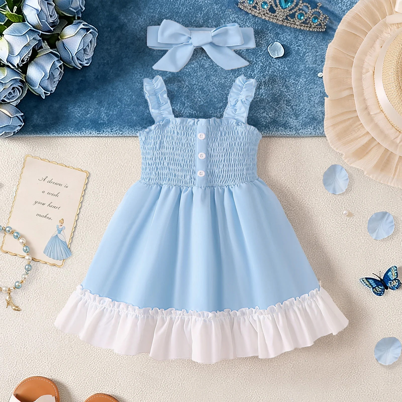 2Pcs Baby Girl Dress Solid Color Ruffle Suspender Dress+Headband for 0-3 Year Baby Girls Summer Birthday Party Princess Dress