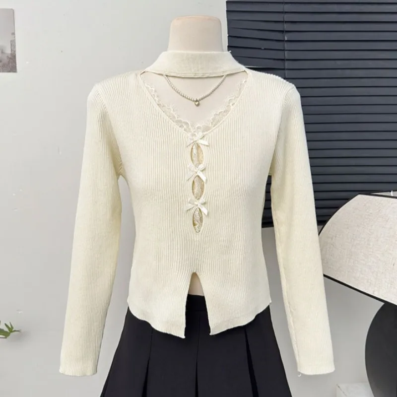 

Japan Korean Sweet Lace Patchwork Bow Tops 2025 Slim Fit All-match New Knitted Pullover Casual Fashion Sweaters Mujer