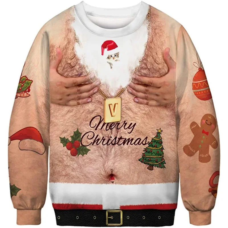 Ugly Christmas Pattern Sweatshirts For Men Novelty Funny Fashion 3D Printed Pullover Loose Hoodies Long Sleeves Round Neck Tops