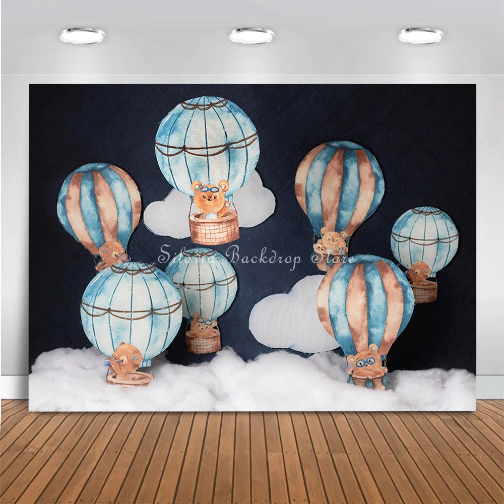 Twilight Balloon Ride Photo Background Adventure Blue Hot Air Balloon Photography Backdrop Birthday Cake Smash Photo Studio Prop