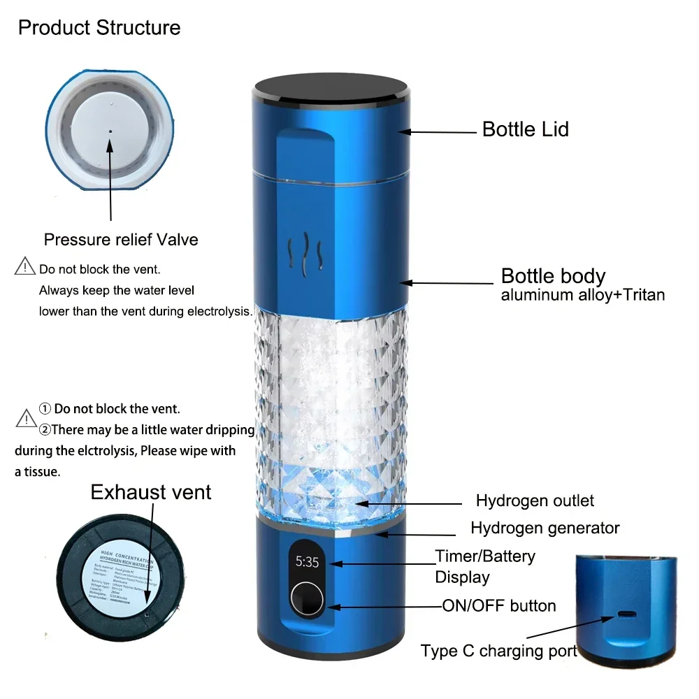 hydrogen water bottle 5000+ppb SPE/PEM hydroegn water flask rechargeable hydrogen water ionizer inhalation generator