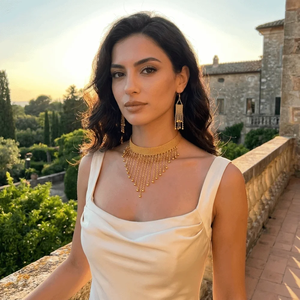 Fringe Pendant Necklace Earrings Set Long Tassel Mesh Chain Bridal Jewelry Set Boho Beaded Fringe Gold Plated Alloy Set Wedding