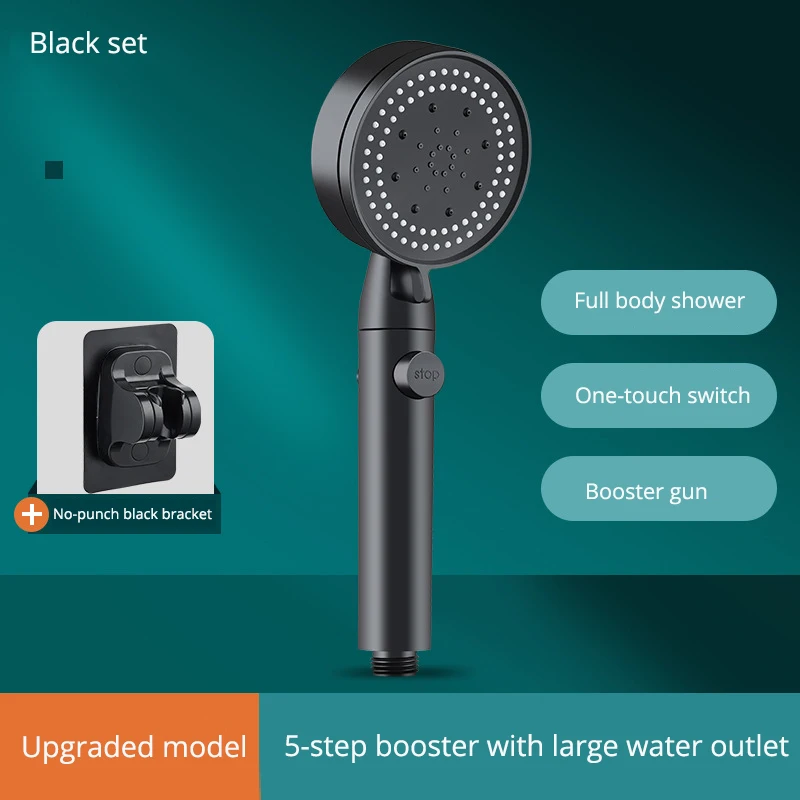 Black 5 Mode Adjustable High Pressure Shower Head Water Saving With One-key Stop Water Shower Holder Hose Bathroom Accessories