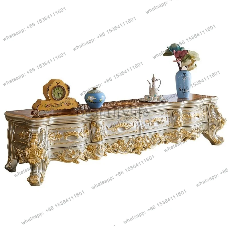 solid wood TV cabinet, villa large-sized water-based paint engraved gold-painted TV living room drawer cabinet