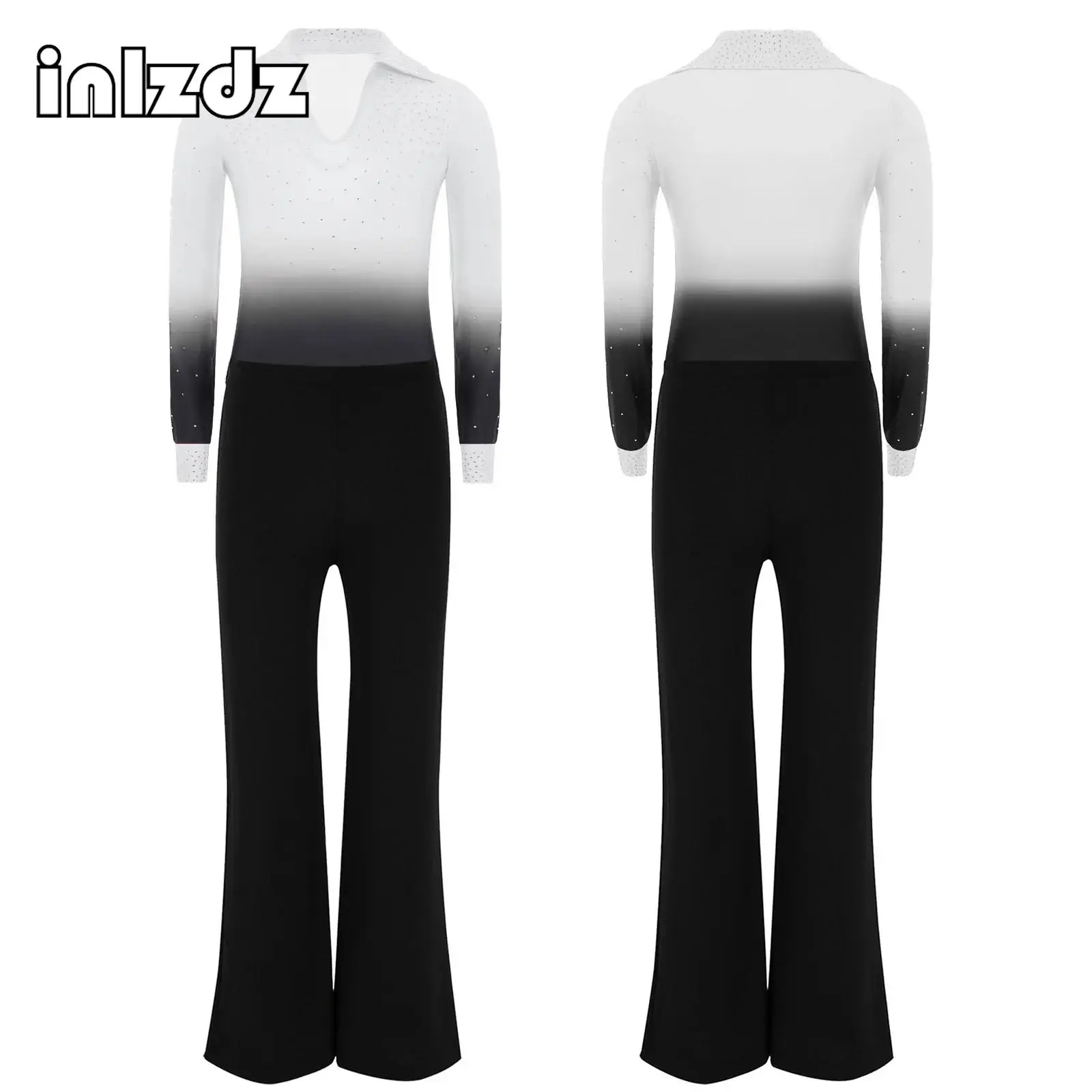 

Long Sleeve Rhythmic Gymnastics Outfit Kids Boys Skating Ballet Latin Dance Performance Costume Rhinestones Leotard with Pants