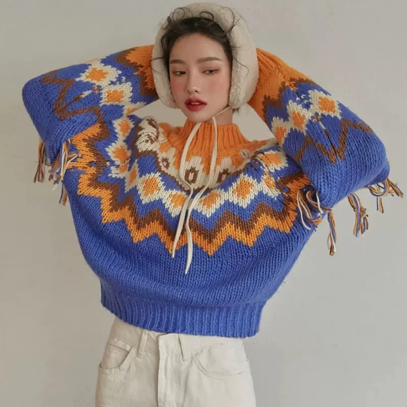 Red Blue Vintage Contrast Color Fringe Short Knitted Sweater Spring New Women Round Neck Long Sleeve Casual Knit Pullover Tops