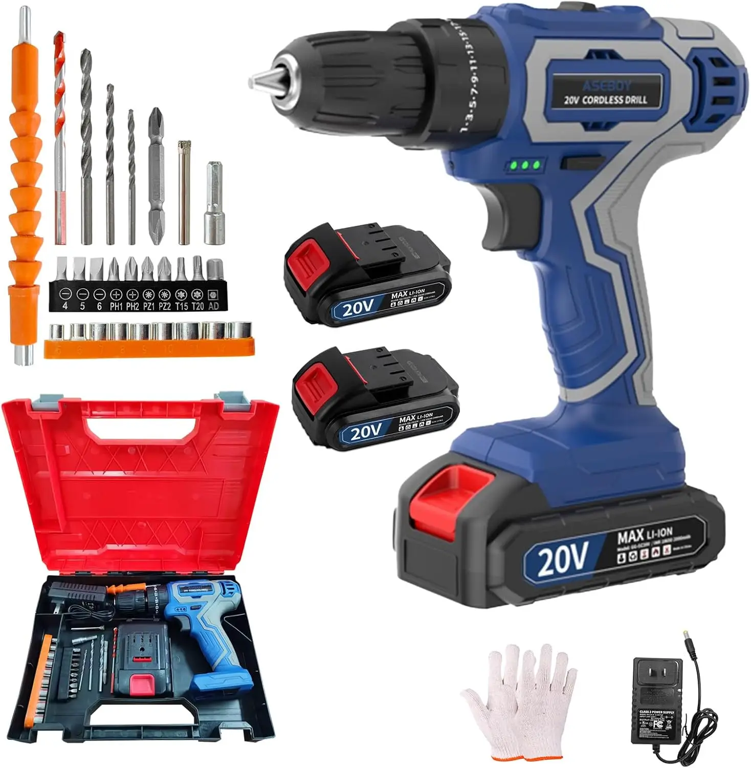 

20V Cordless Drill with 2 Batteries, LED Light, Variable Speed for Wood Metal Concrete DIY Projects