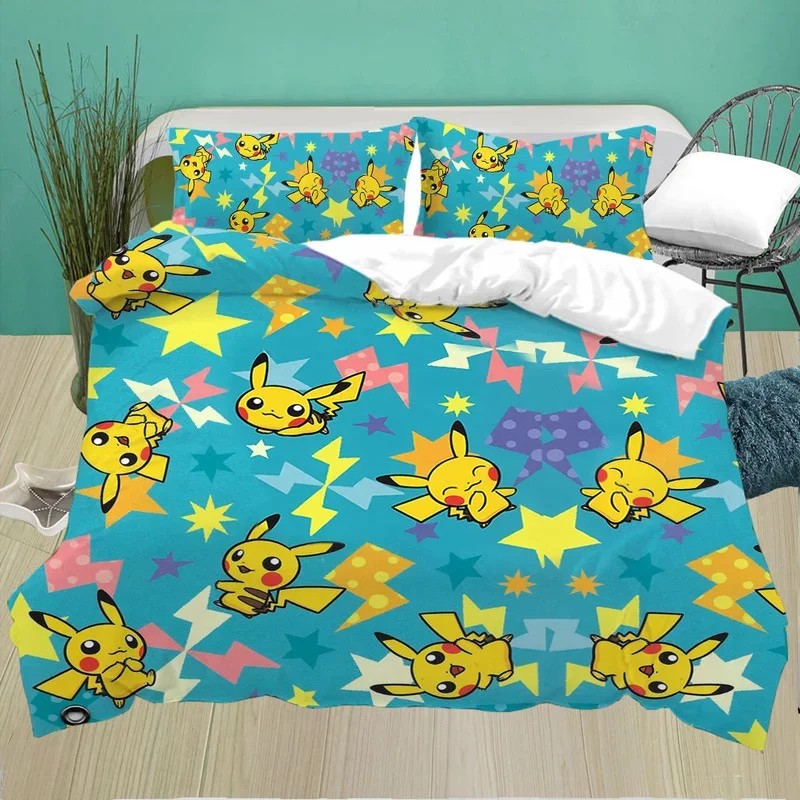 Pokemon Cartoon Quilt Cover Printed Bedding Suit Pikachu Strip Bed, Baby Kid Bedroom Bedclothes Bed Quilts Bedclothes 2/3pcs Set