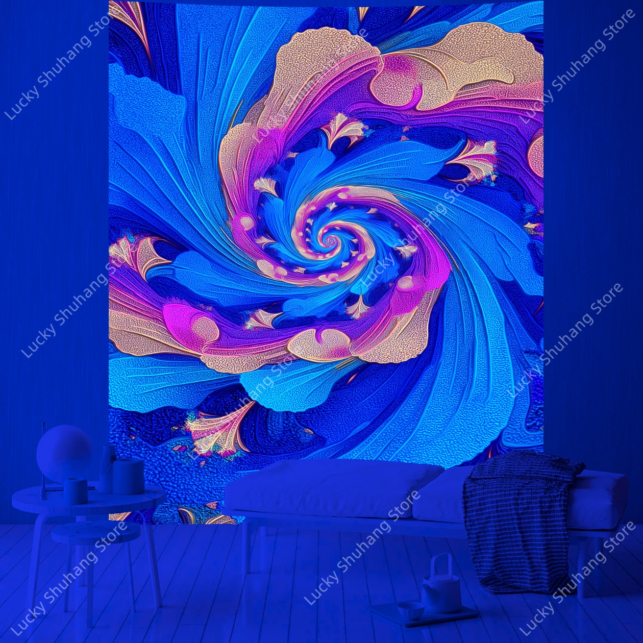 Psychedelic Neon Starburst UV Tapestry Vibrant Rainbow Fractal Wall Hanging for Bohemian Room Decor Meditation Space Festival