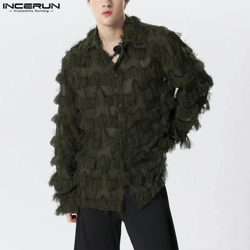 

INCERUN Summer Spring Mesh Hollow Tops Men Shirts Fashion Tassels Patchwork Long Sleeve T Shirt Streetwear Oversize Men Clothing