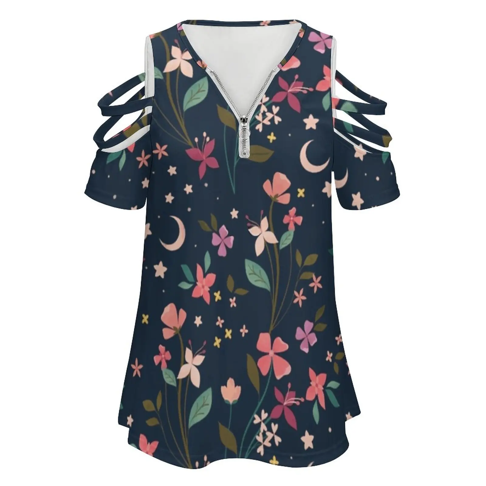 Night Blossoms Women'S T-Shirt Summer Fashion Print Floral V-Neck Zipper Tshirt Hollow Pullover Ladies Top Floral Flowers