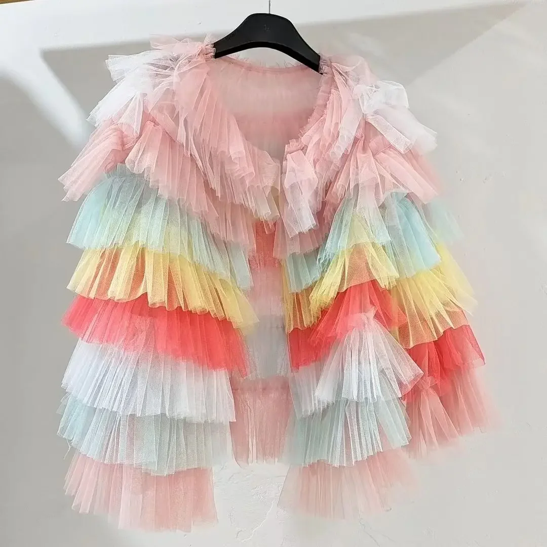 Mesh Patchwork Rainbow Color Multi-Layers Ruched Jacket Summer Sun Protection Ruffles Gauze Pleated Coat Lotus Cardigan Tops