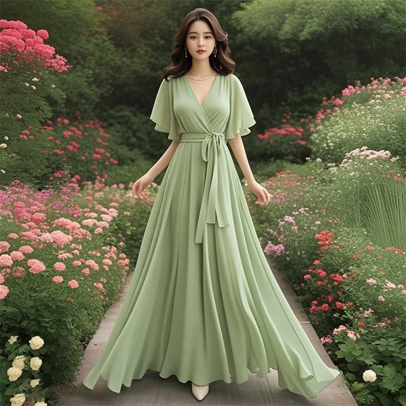 2025 Summer New Vacation Display Slimming Long Dres With Belt Fashionable Super Fairy Light Green Chiffon Dress for Women Dress