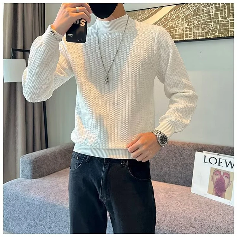 

Autumn Winter Boyfriend New Spliced Half High Collar Screw Thread Fashion Solid Casual Long Sleeved Knitted Top