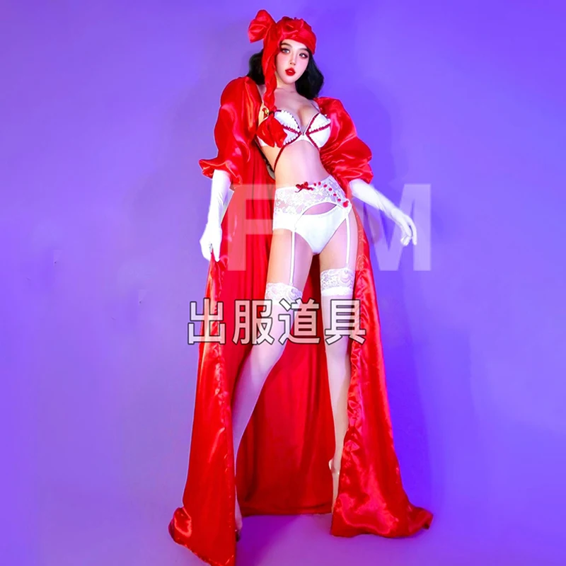 ドラッグクイーン衣装ゴーゴーダンス衣装ショー赤ロングコート白セクシーなビキニナイトクラブダンススーツフェスティバルステージ衣装 3082