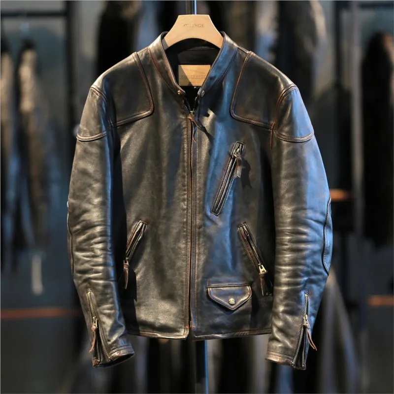 Men's stand-up collar leather heavy-wash motorcycle hair layer