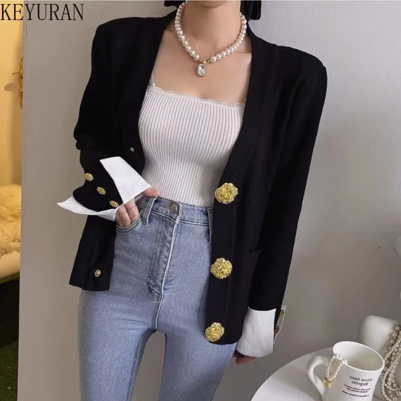 2024 Autumn Winter Korean Chic Knitted Cardigan Women Elegant V-neck Long Sleeve Contrast Color Gold Button Sweater Coat Jumpers