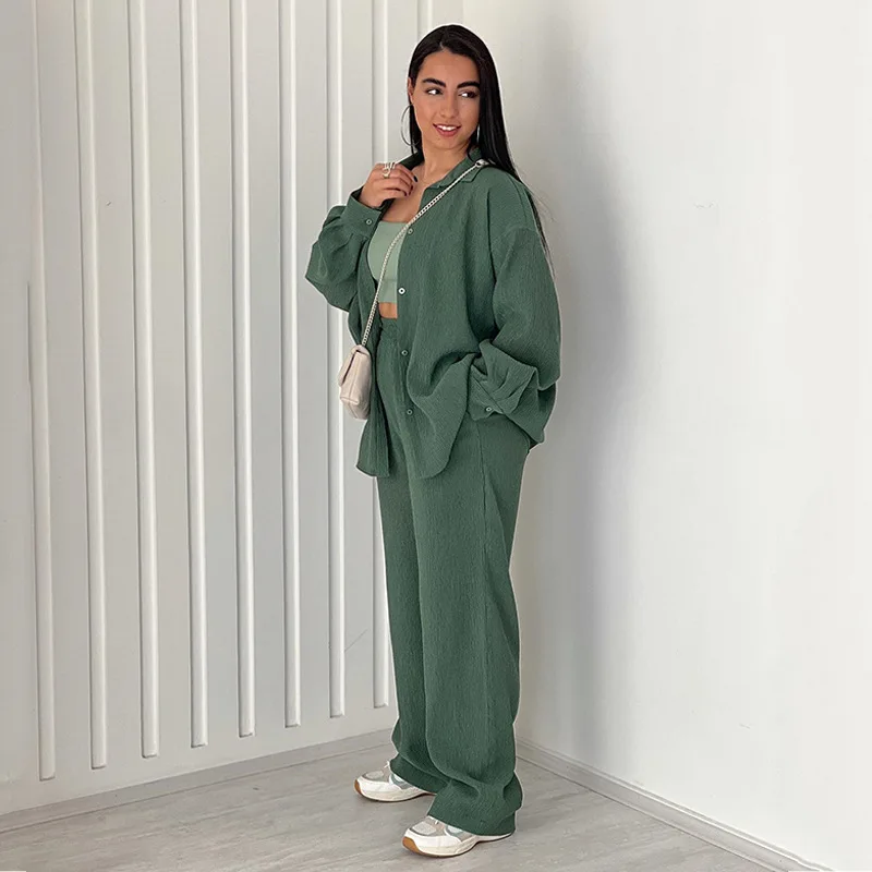 

Casual women's clothing new solid color loose shirt top wide-leg pants two-piece set fashionable simple and versatile temperamen
