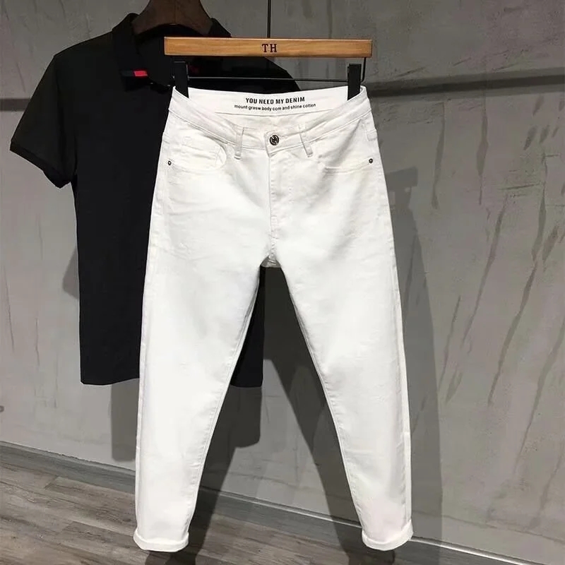 

Men's White Black Casual Jeans Korean Fashion Soild Slim Straight Slim-fit Cropped Denim Pants Jeans For Men Clothing