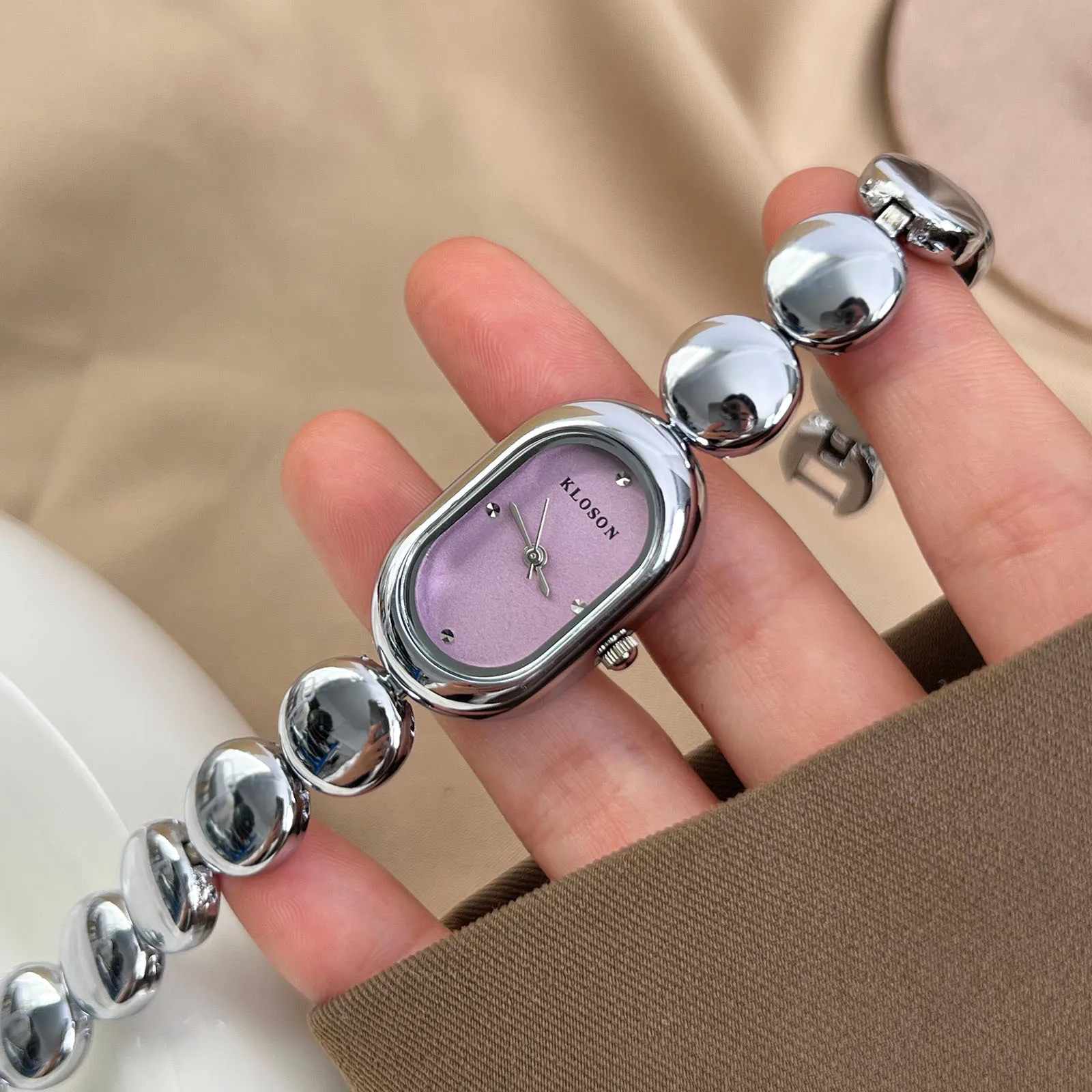 New French Oval Women Watch With Round Bead Steel Strap Bracelet Waterproof Business Temperament  Female Fashion Quartz Watches