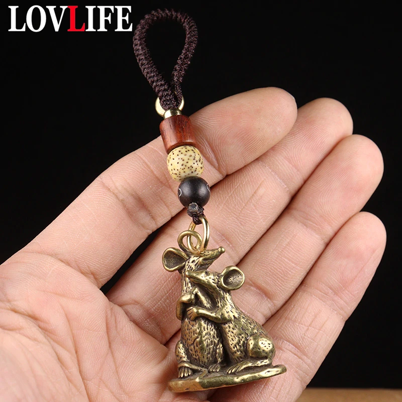 Vintage Brass Solid Zodiac Rat Lovely Lanyanrd Keychain Pendant Mother\'s Day Baby Hug Mommy Statue Car Key Chains Hanging Gifts
