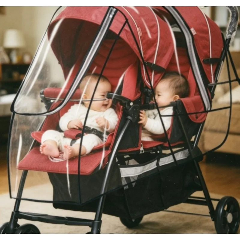 

Waterproof Twin Buggy Rain Cover Fits Front Rear Tandem Seats for Outdoor Travel Park and Family Trip
