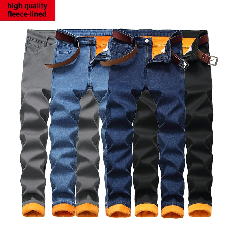 Men's Slim Fit Fleece Jeans With High-quality Solid Color Classic Simplicity Winter Warmth Available Dark Blue Black Gray Blue