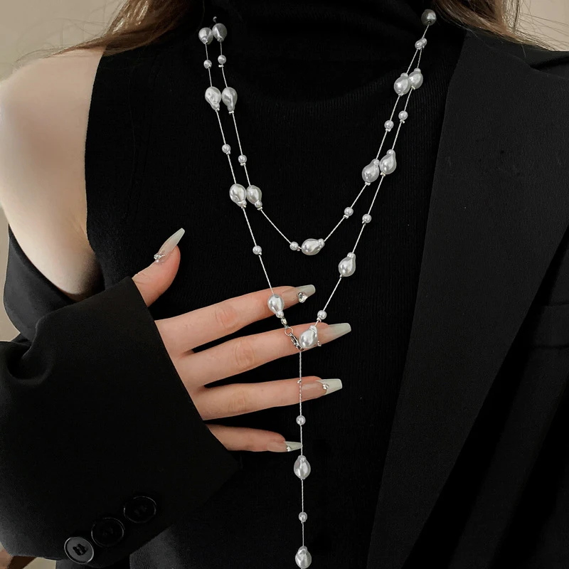 Irregular Long Pearl Necklace For Women Light Luxury Retro Chain Fashion Simple Elegant Accessory