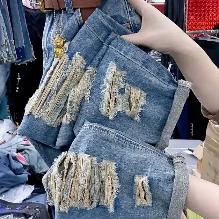 Summer Nine Cent Pants Trendy New Style Haren Pants Piercing Jeans Women's Straight Tube Versatile Show Thin Casual Pants M235