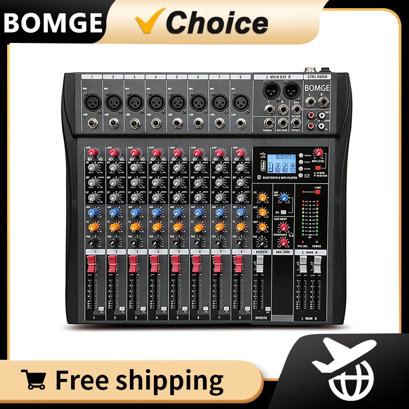 BOMGE 8 Channel Audio Mixer Sound Mixing Console with Bluetooth USB PC Recording Input XLR Microphone Jack 48V Power