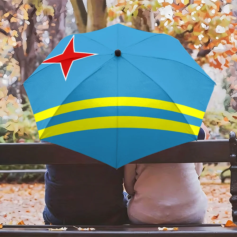 

Aruba National Flag Red Star Light Blue Print Auto Folding Umbrella Waterproof Windproof Compact Travel Umbrella