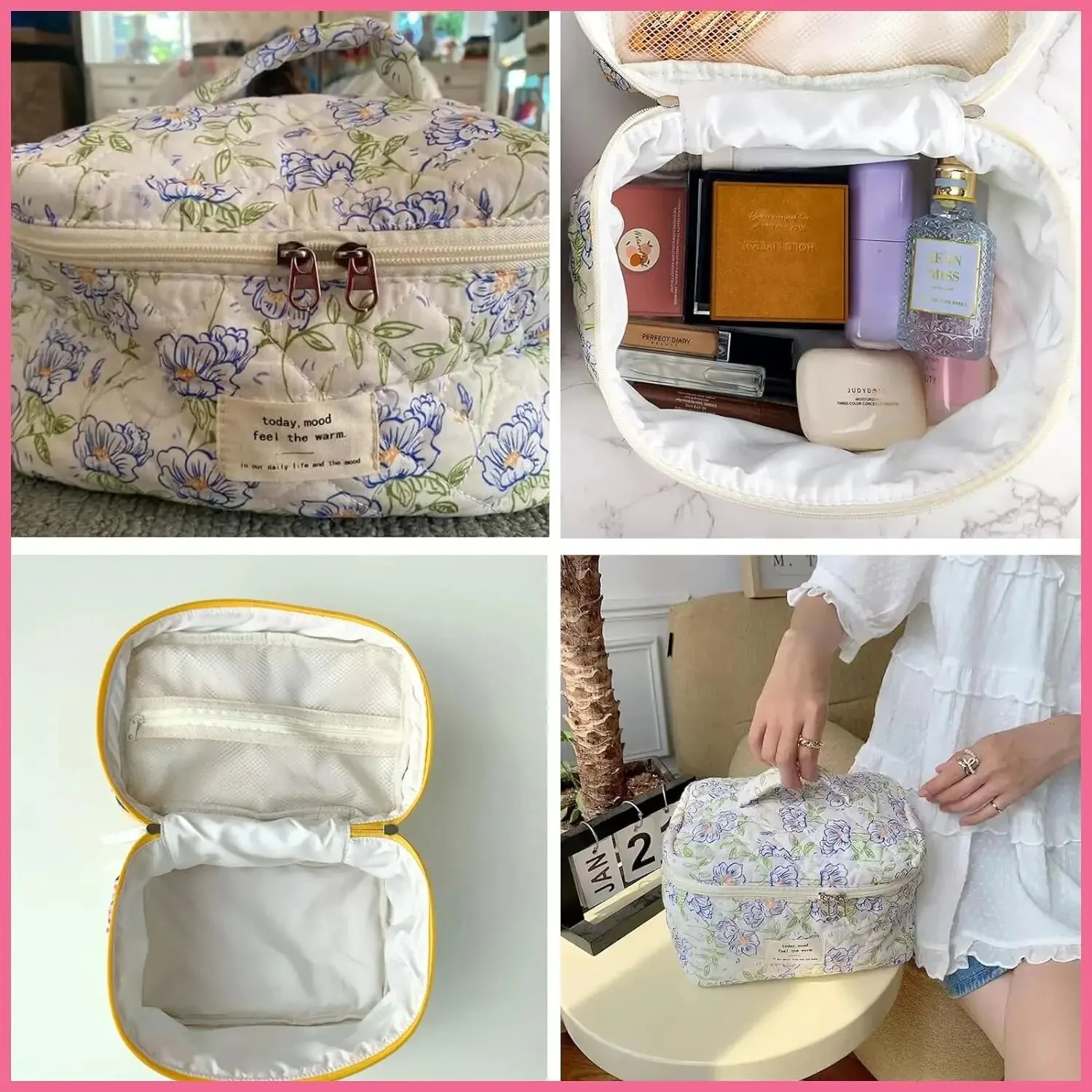 Large Travel Quilted Makeup Bag for Women Floral Cotton Cosmetic Bag Makeup Tool Kits Aesthetic Floral Toiletry Organizer Bag