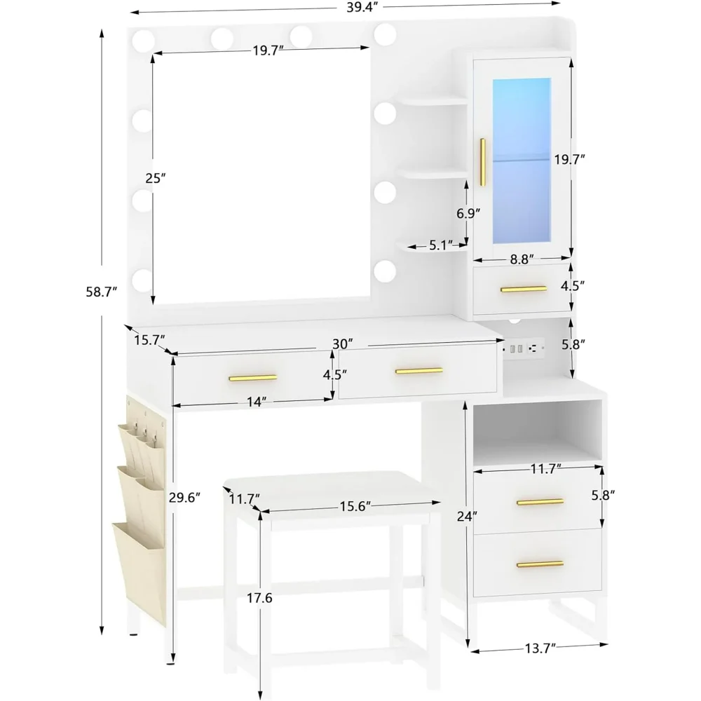 Makeup Vanity Desk with Mirror and Lights, Charging Station, LED Cabinet, 5 Drawers & Storage Bag, Lights Desk and Chair image 5
