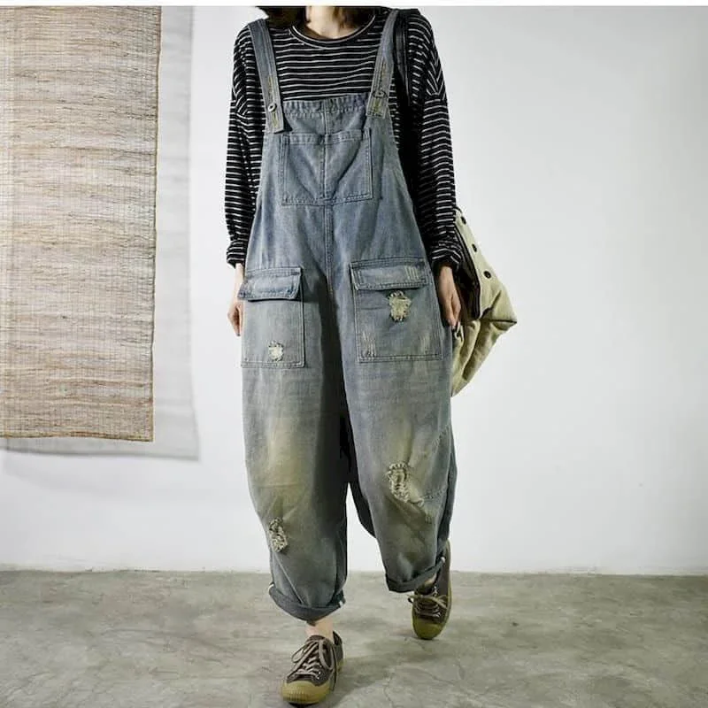 Поп-комбинезоны для женщин, винтажные комбинезоны в корейском стиле, повседневные брюки через плечо, свободные брюки, комбинезоны большого размера для женской одежды
