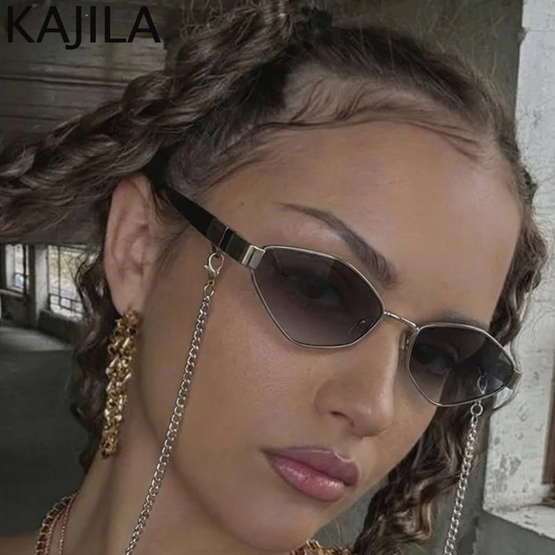 

Small Hexagon Punk Sunglasses With Chain Women 2026 Luxury Brand Vintage Party Travelling Sun Glasses for Ladies Polygon Shades