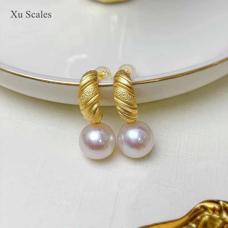 New Seiko S925 Sterling Silver Extremely Bright Natural Fresh Water Edison Round Pearl Earrings Croissant Textured Gold Jewelry