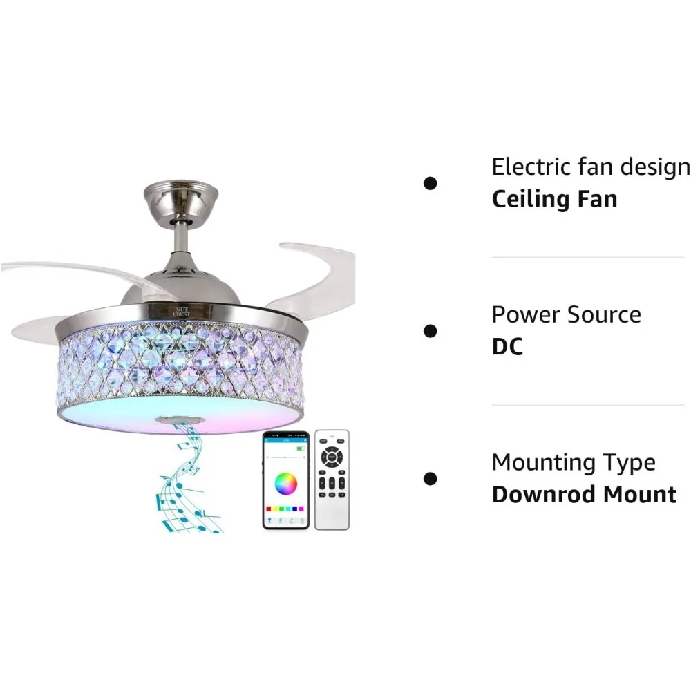 Scalable crystal ceiling fan with light and remote control, speaker Bluetooth, LED dimmable light 6-speed reversible blade