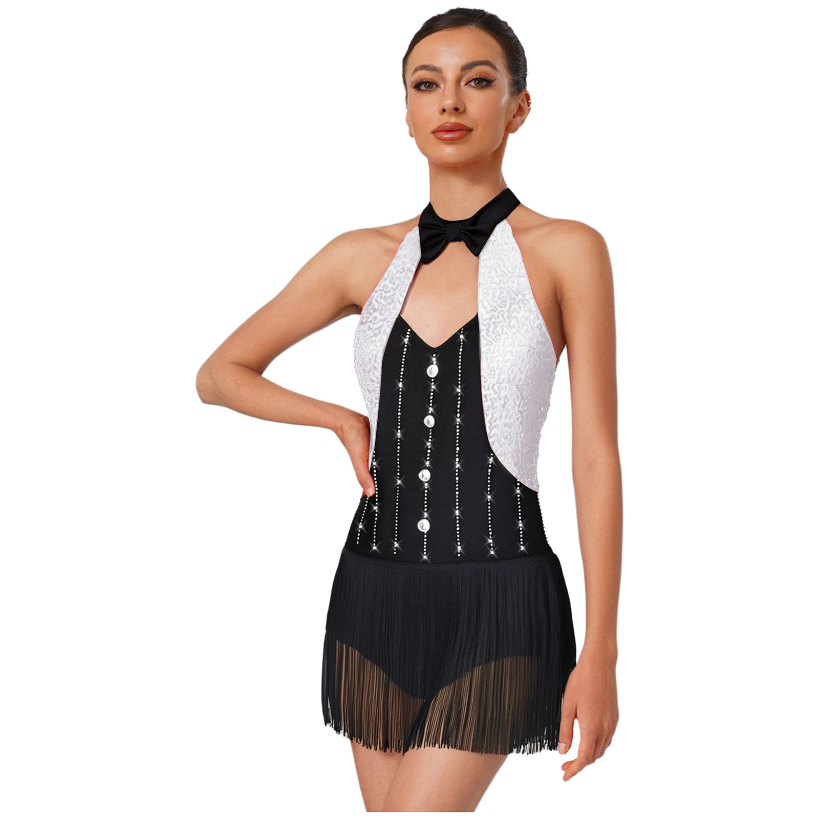 

Women Sparkly Rhinestones Latin Jazz Dance Outfits Performances Leotard Dress Halter Bow Tie Backless Tassel Modern Dancewear