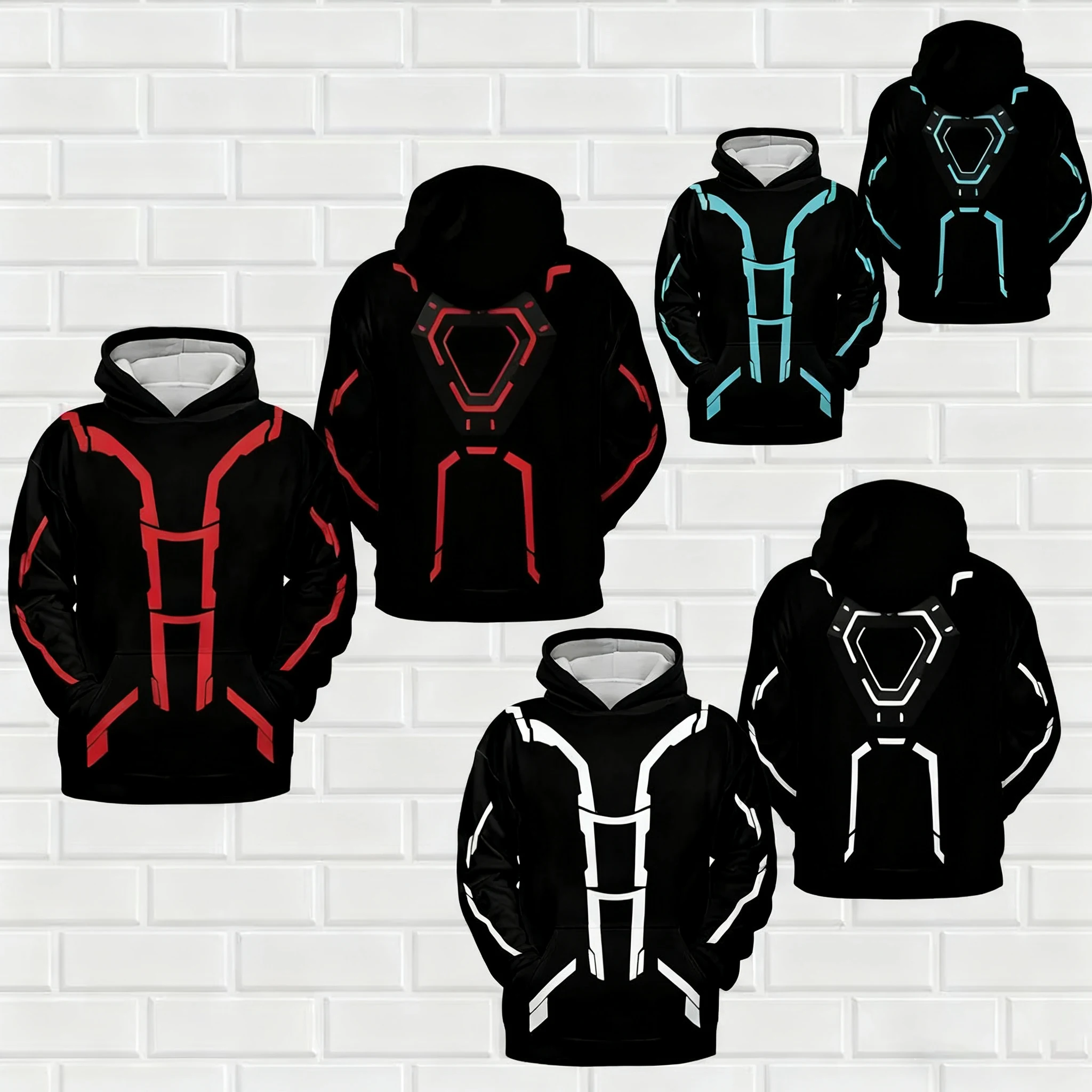 سترة بغطاء للرأس للرجال بطابع TRON Light Cycle، أحمر أزرق أبيض برسومات ثلاثية الألوان، سترة عصرية لخريف وشتاء