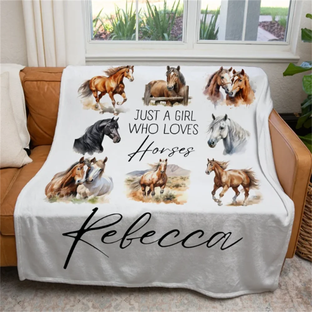 Personalized Horses Blanket, Custom Just a Girl Who Loves Horses Blanket, Equestrian Throw Blanket Kids Horse Lover Gift Blanket